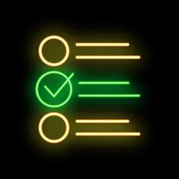 Neon green check mark on checklist icon glowing on black background Stock Illustration