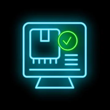 Neon green check mark on computer screen for approved order Stock Illustration