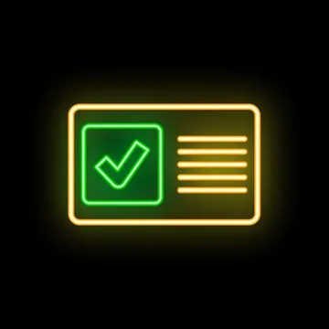 Neon green check mark on document icon glowing on black background Illustrazione stock