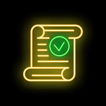 Neon green check mark on document icon glowing on black background Illustrazione stock