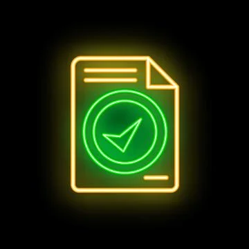 Neon green check mark on document icon glowing on black background Illustrazione stock