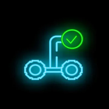 Neon green check mark hovering over futuristic vehicle Stock Illustration