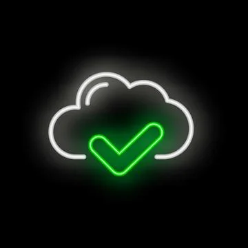Neon green check mark inside a cloud computing icon on black background Illustrazione stock