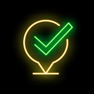 Neon green check mark inside a map pointer on a black background Stock Illustration