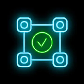 Neon green check mark inside a flowchart illustrating validation process Illustrazione stock