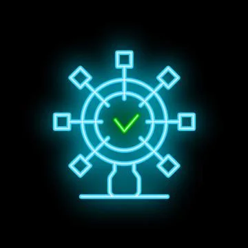 Neon green check mark inside connected circular network representing data v.. Stock Illustration