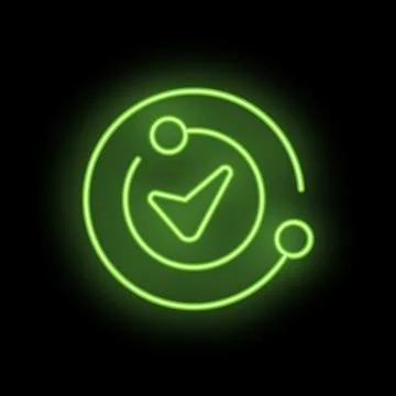Neon green check mark valid icon glowing on black background Stock Illustration