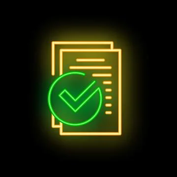 Neon green check mark validating documents on black background Illustrazione stock