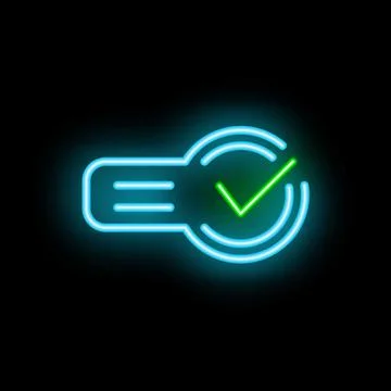 Neon green check mark validating document icon glowing on black background Stock Illustration