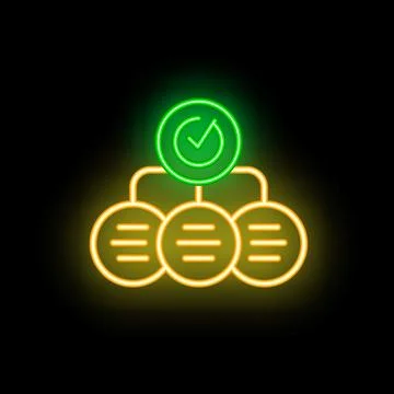 Neon green check mark validating organization chart nodes connected together Stock Illustration