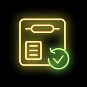 Neon green check mark validating document on black background Stock Illustration