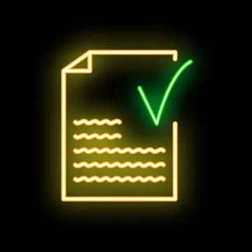 Neon green check mark validating document icon glowing on black background Stockillustratie