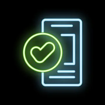 Neon green check mark validating document icon glowing on black background Stockillustratie
