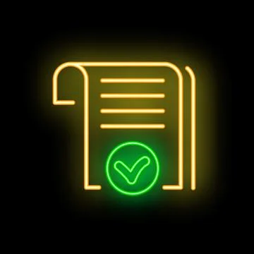Neon green check mark validating document icon glowing on dark background Stock Illustration