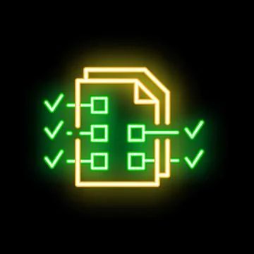 Neon green check marks completing tasks on document icon Stock Illustration