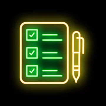 Neon green checklist with check marks and pen on black background Stock Illustration
