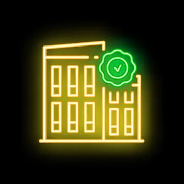 Neon green checkmark over building icon glowing on black background Ilustración de archivo