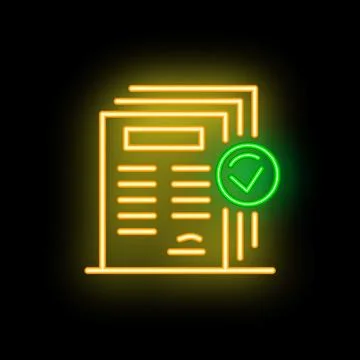 Neon green checkmark validating documents icon glowing on black background Stock Illustration