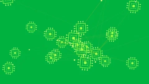 Neon green chip network forming hub after signal pulse, lines sending data on Stock Footage 329572794