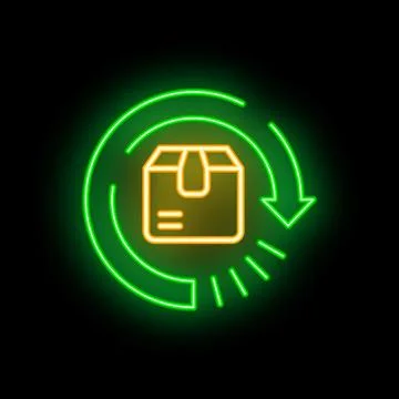 Neon green circular arrow moving around cardboard box on black background Stockillustratie
