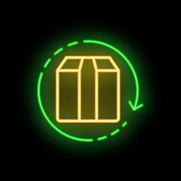 Neon green circular arrow moving around cardboard box on black background Stock Illustration
