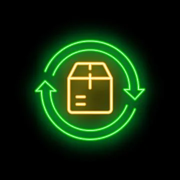Neon green circular arrows rotating around cardboard box delivery packaging.. Stock Illustration