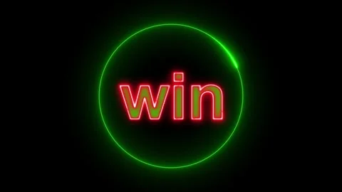 Neon green circular frame highlighting red win text on black background. Gl.. Stock Footage 330476011