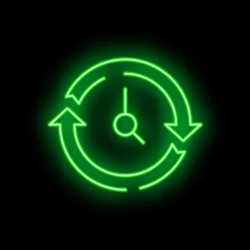 Neon green clock with rotating arrows on black background Stock Illustration