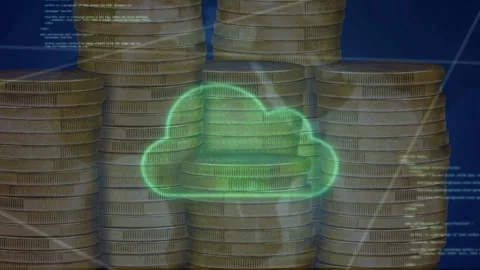 Neon-green cloud appearing, expanding over gold coin stacks, animating mesh Stock Footage 335651873