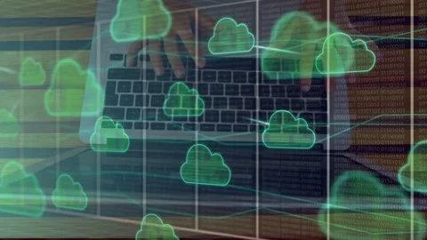 Neon-green cloud appearing, hands typing on laptop, cloud icons connecting and Stock Footage 335732051