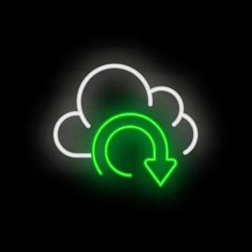Neon green cloud computing refresh icon glowing on black background Illustrazione stock