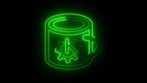 Neon green coffee mug icon with a gear and letter k Vídeos de archivo 344794455
