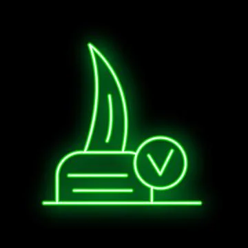 Neon green confirmed document with feather pen sign on black background Illustrazione stock