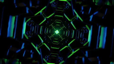 Neon green core tunnels through mirrored chrome geometry with pulsing glow 스톡 동영상 329561404
