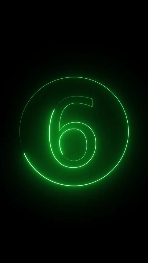 Neon green countdown number six glowing within circular frame on black back.. Vidéo 332880147