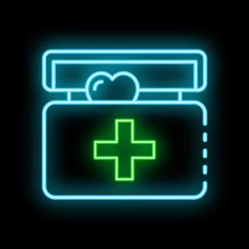Neon green cross first aid kit icon glowing on black background Stock Illustration