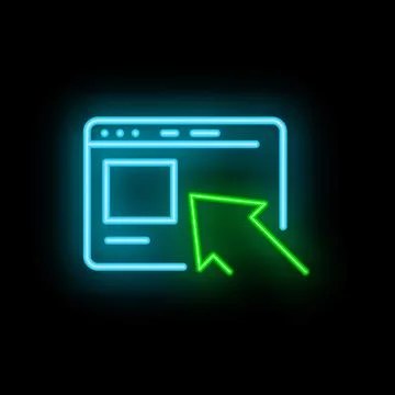 Neon green cursor clicking on blue neon webpage window icon Illustrazione stock