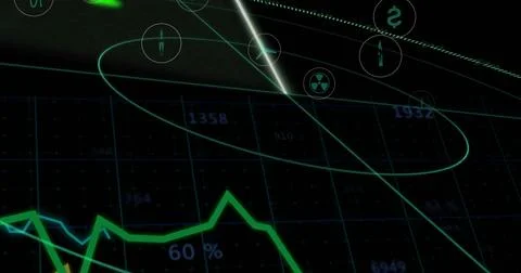 Neon green cyan data visual showing line charts, icon markers, 60% label on dark Illustrazione stock