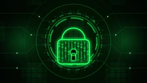 Neon green cyber security lock with binary code on a dynamic technological .. Stock Footage 345814875