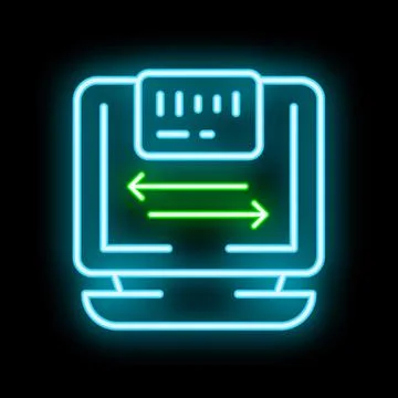 Neon green data transfer icon on black background Illustrazione stock