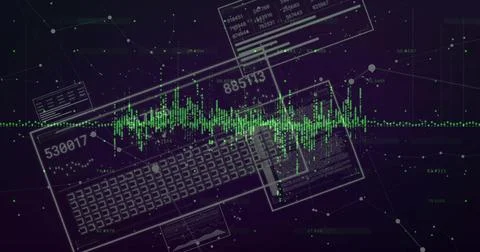 Neon green data waveform stretching across cyberspace, with clear panels, key Stock Illustration