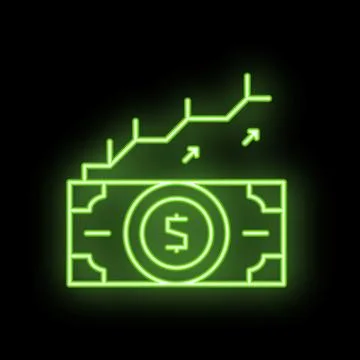 Neon green dollar bill increasing in value with upward trend line graph Stock Illustration