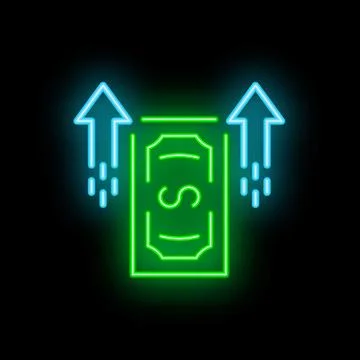 Neon green dollar bill increasing with blue up arrows on black background Stock Illustration