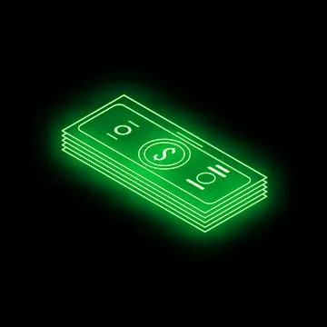 Neon green dollar bill stack glowing on black background Illustrazione stock