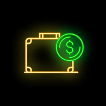 Neon green dollar coin hovering over glowing briefcase icon on black backgrou Stock Illustration