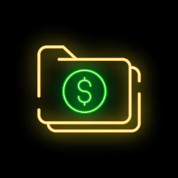 Neon green dollar sign on folder icon glowing on black background Illustrazione stock
