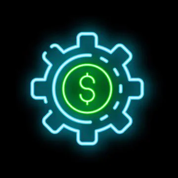 Neon green dollar sign inside blue gear shape on black background Stock Illustration