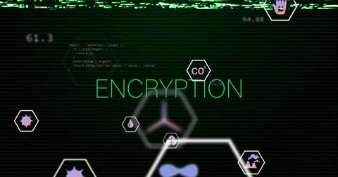 Neon green ENCRYPTION text pulsating on terminal screen, with hex icons, glitch Stock-Fotos