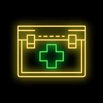 Neon green first aid kit glowing on black background イラスト素材