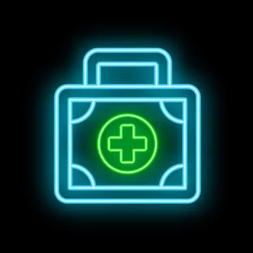 Neon green first aid kit glowing on black background Stock Illustration
